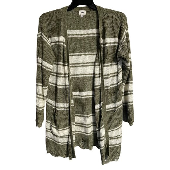 BKE Womens Striped Knit Cardigan Sweater Olive & White Distressed Hem Size L - Picture 1 of 13